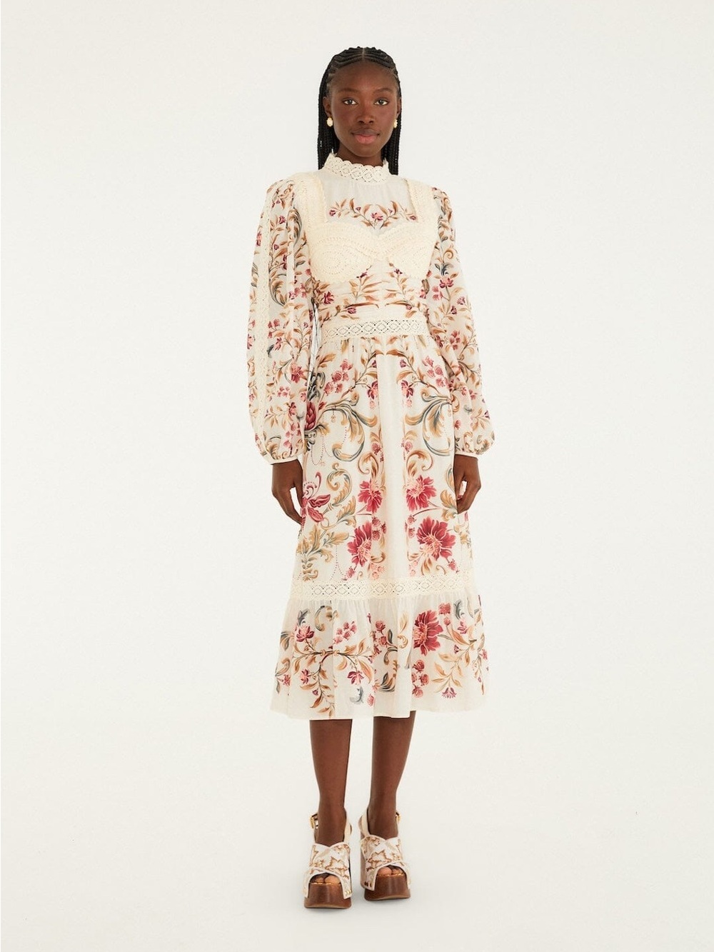 NWT Farm Rio Cream Royal Garden Long Sleeve Crochet Dress Malu Winter White S